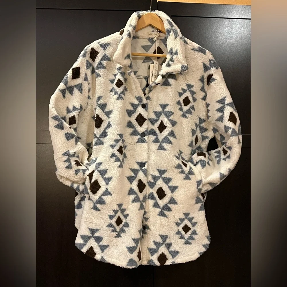 Grace & Emma "She Could Be The One" ivory aztec pattern sherpa jacket. 2XL. NWT - Picture 6 of 14